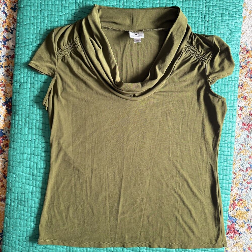 Worthington Women Short Sleeve Cowl Neck Blouse Olive Green Size L Work Office
